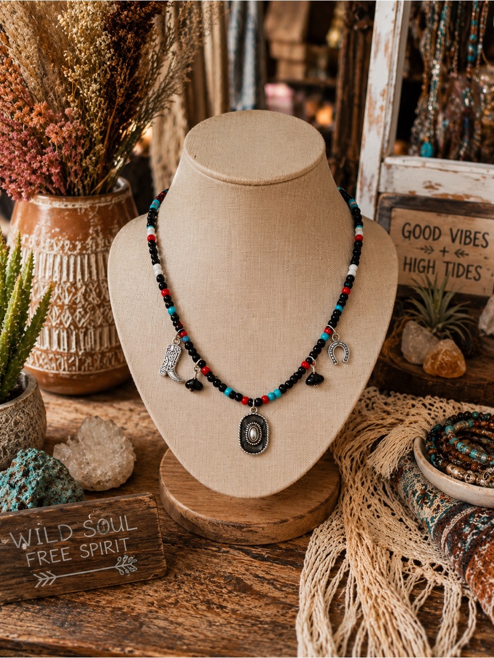 Western Boho Beaded Charm Necklace Cowboy Boot Horseshoe & Turquoise Silver 17”
